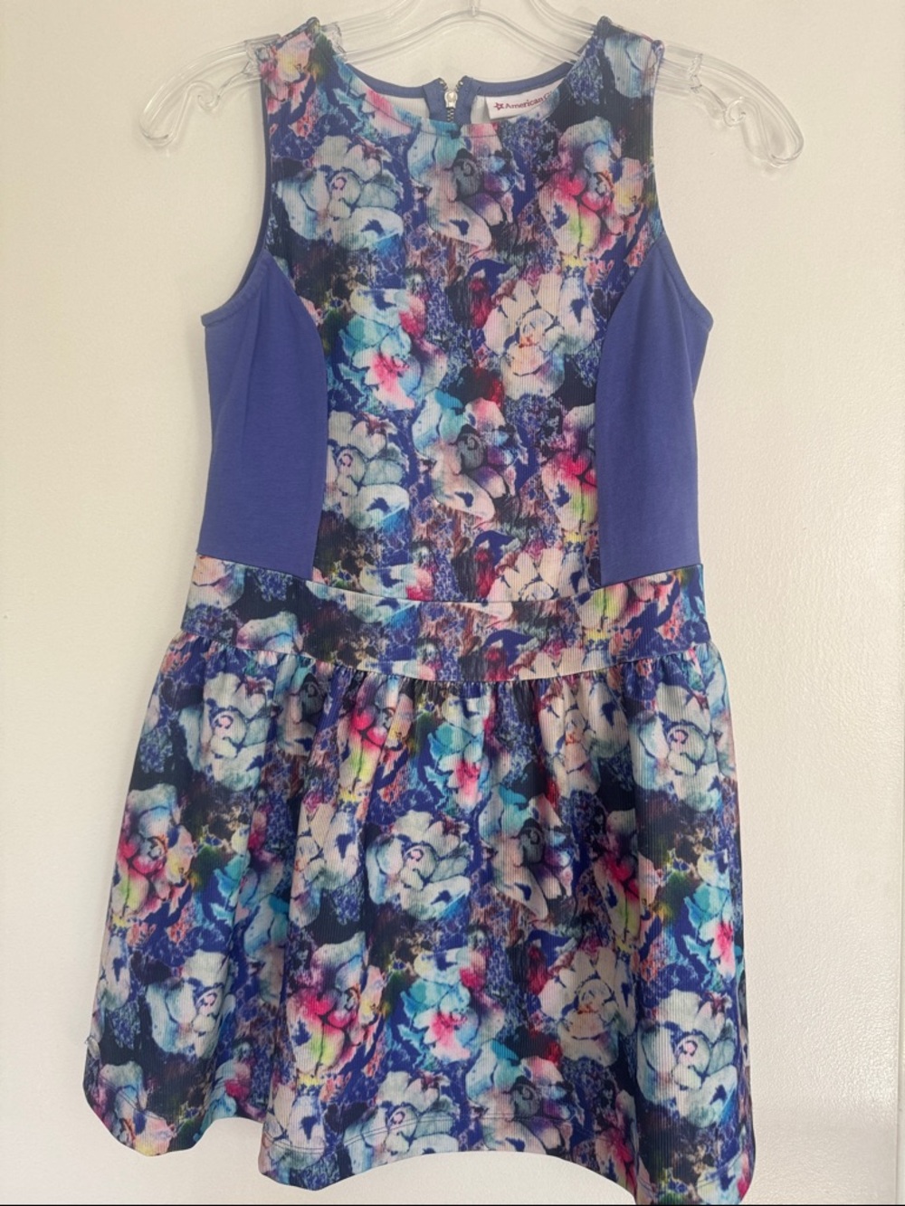 American Girl Blue Floral Print Sleeveless Dress with Solid Side Panels